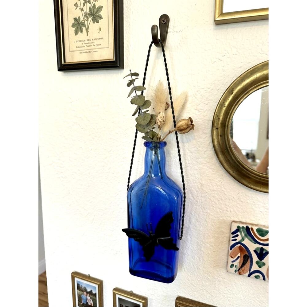 Yellow Glass Bottle Wall garden Hanging Vase decor metal wire butterfly accent